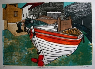 Fishing boats at Staithes, lino print